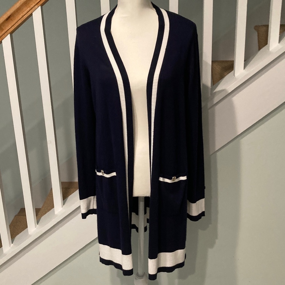 Navy and White Women's Cardigan Sweater. Size L.